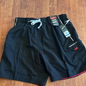Speedo Men's Black Board Shorts with Red Accents XL loose fit